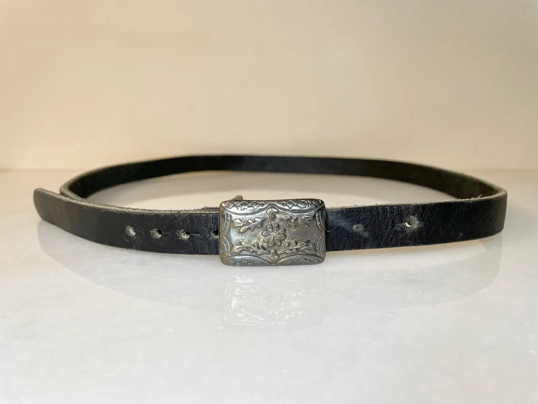 70s Western Black Leather 3/4 Belt Italian Silverplate Buckle With Flower Design Fits 31-35 - Ets... | Etsy (US)