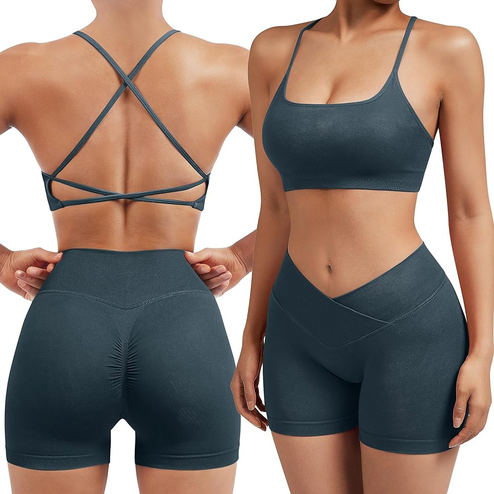 Amazon.com: SUUKSESS Women V Cross Seamless Workout Sets Strappy Padded Sports Bra High Waist Boo... | Amazon (US)