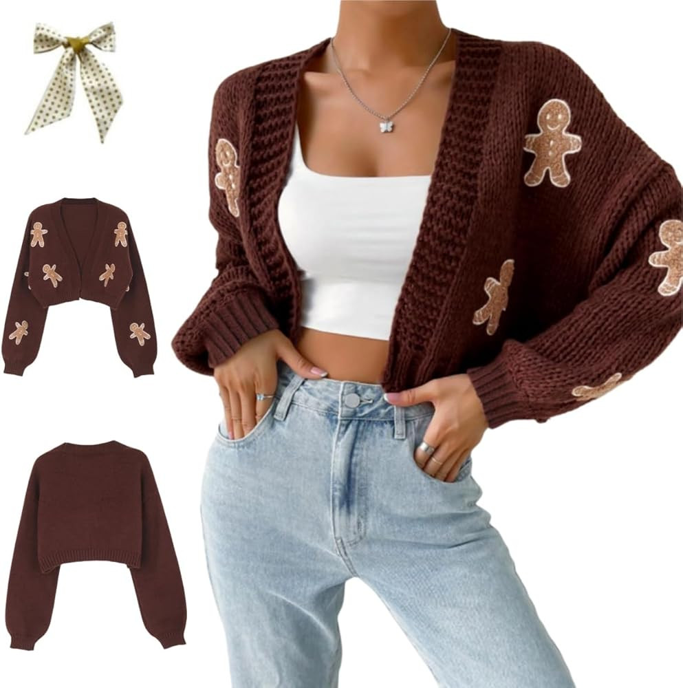 Gingerbread Cardigan Women,Christmas Open Front Cropped Cardigan Sweaters,Casual Cute Cartoon Pri... | Amazon (US)