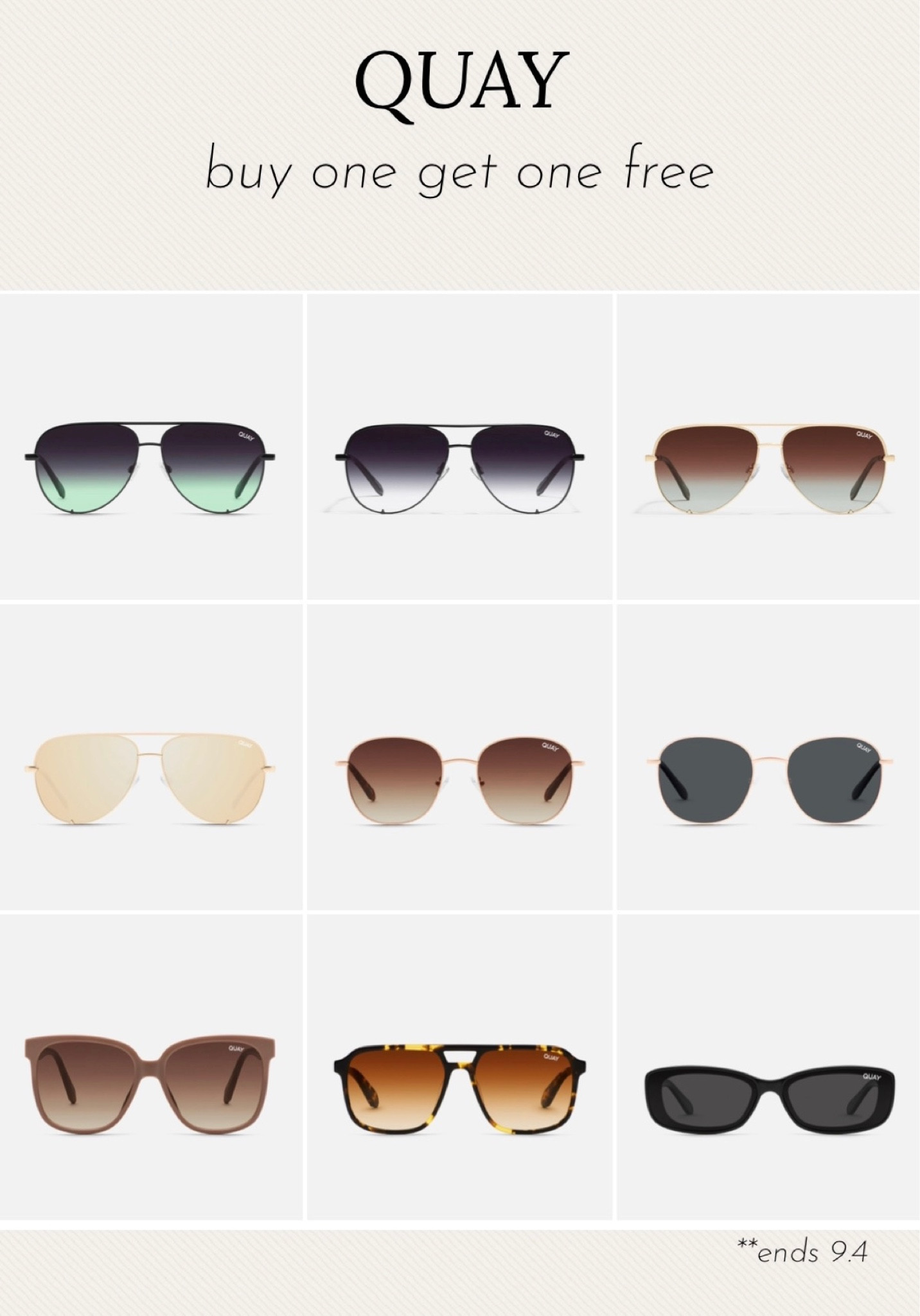 Quay — BOGO free! Ends Monday, 9.4

#LTKunder100 #LTKsalealert #LTKstyletip