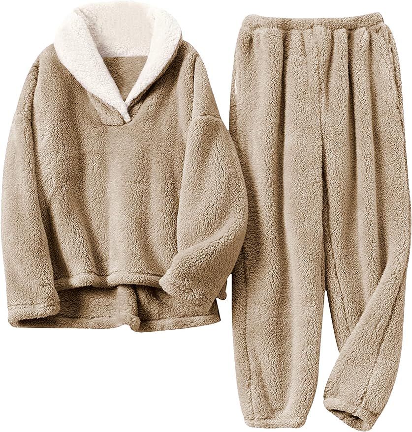 UANEO Womens Fluffy Pajamas Set Soft Fleece Pullover Pants Loose Sleepwear Loungewear Set | Amazon (US)