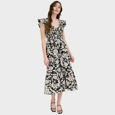 August Sky Women's Floral V-Neck Faux Button Down Smocked Midi Dress, Light Khaki Multi, Small | Target