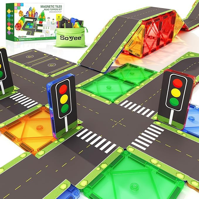 56PCS Magnetic Tiles Road Toppers Set Building Toys for 3 Year Old Boys and Girls Playing with Ca... | Amazon (US)