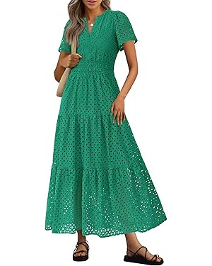 PRETTYGARDEN Womens 2026 Summer Maxi Dress Short Sleeve V Neck Hollow Out Eyelet A Line Long Flow... | Amazon (US)