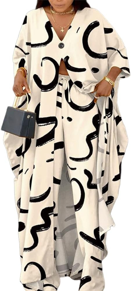 Women African 2 Piece Outfits Button V Neck Long Plus Size Split Caftans Wide Leg Pants Sets | Amazon (US)