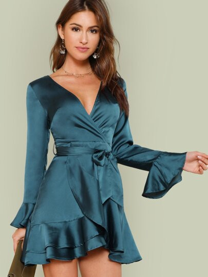 SHEIN Split Back Tiered Ruffle Surplice Belted Dress | SHEIN