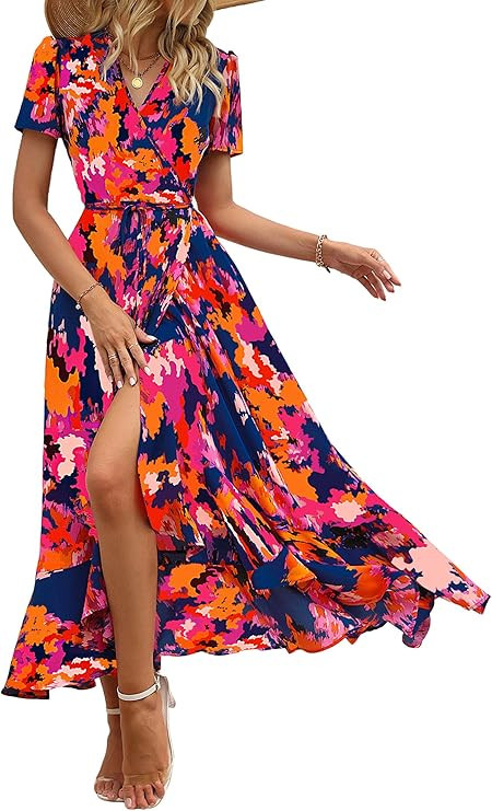 PRETTYGARDEN Women's Boho Floral Maxi Dress Summer Short Sleeve Wrap V Neck Long Flowy Beach Vaca... | Amazon (US)