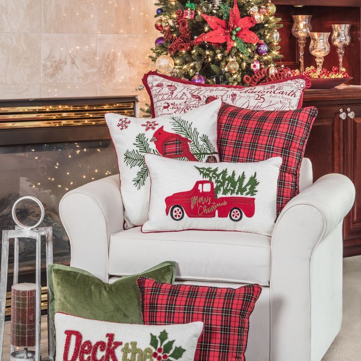 11.5"x18.5" Christmas Truck Spruce Lumbar Throw Pillow Red - Pillow Perfect | Target
