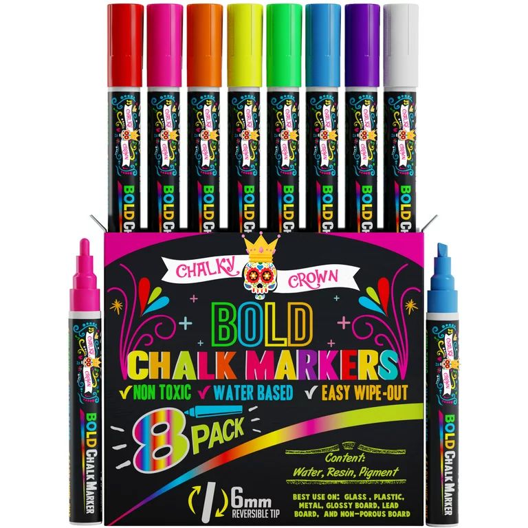 Chalky Crown Bold Chalk Markers - Dry Erase Marker Pens - Reversible Tip (8 Per Pack) - (Multi-Co... | Walmart (US)