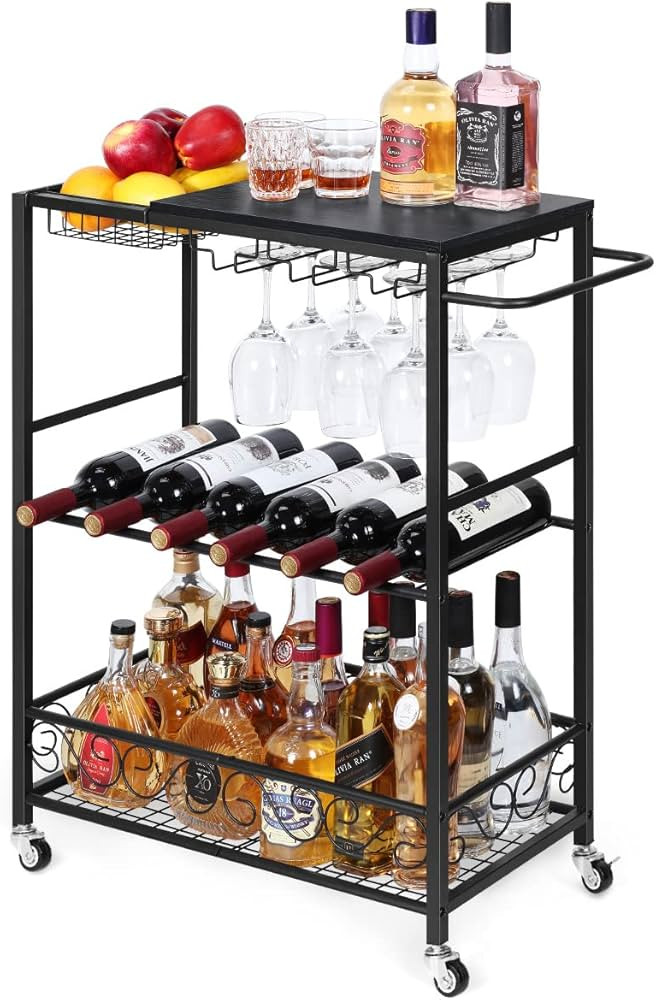 melos Bar Cart, Mobile Bar Serving Cart, Rolling Wine Cart with Glass Stemware Rack and Wine Bott... | Amazon (US)