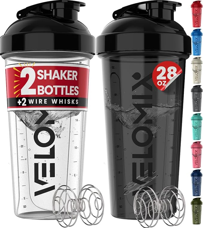 VELOMIX -2 Pack- 28 oz Protein Shaker Bottles for Protein Mixes - 2x Wire Whisk | Leak Proof Shak... | Amazon (US)