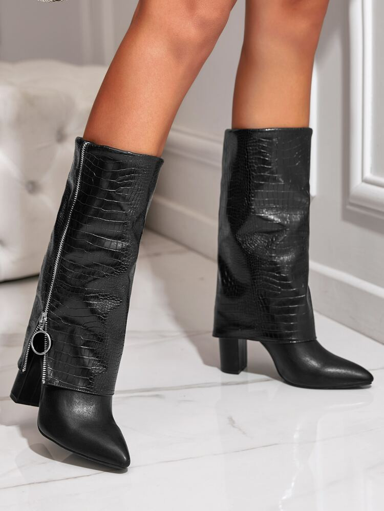 Crocodile Embossed Zipper Design Classic Boots | SHEIN