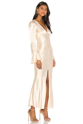 La Lune Frill Cuff Bias Midi Dress in Cream | Revolve Clothing (Global)