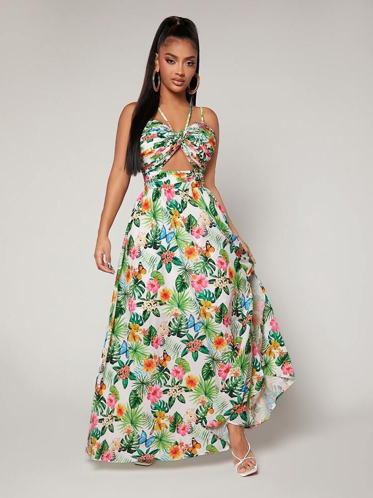 SHEIN SXY Tropical Print Split Thigh Cut Out Front Dress | SHEIN
