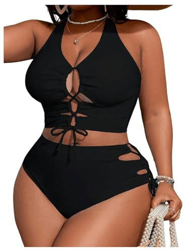 SOLY HUX Women's Plus Size Bikini Set Sexy Swimsuit Lace Up Tummy Control 2 Piece Bathing Suit Plain Black 1XL | Amazon (US)