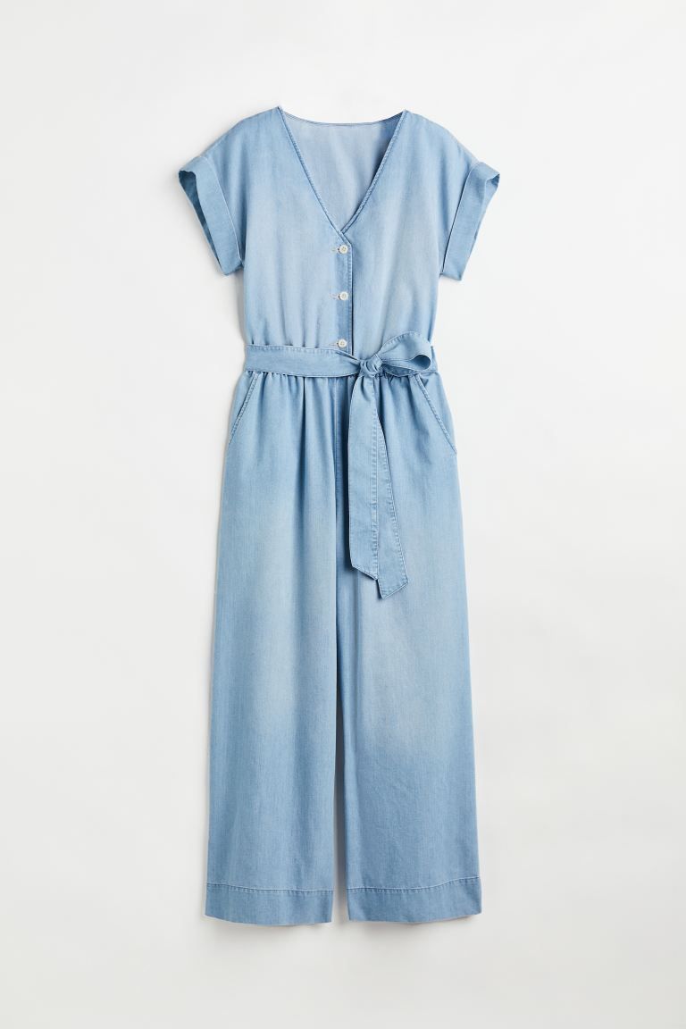New ArrivalAnkle-length jumpsuit in soft denim. V-neck, buttons at top, and seam at waist with na... | H&M (US + CA)
