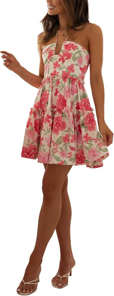 Women's Halter Deep V Neck Mini Dress Sleeveless Smocked Tiered Swing A Line Dress Backless Short... | Amazon (US)