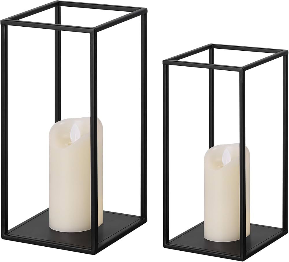 Modern Farmhouse Lantern Decor, Black Metal Candle Lanterns Decorative Indoor Set of 2, Rustic Ca... | Amazon (US)