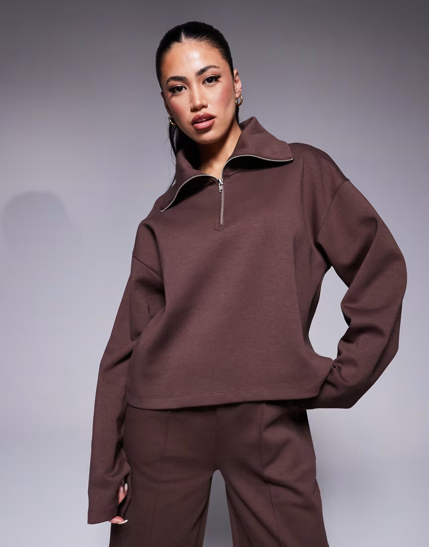 ASOS DESIGN co-ord interlock half zip sweat in chocolate-Brown | ASOS (Global)