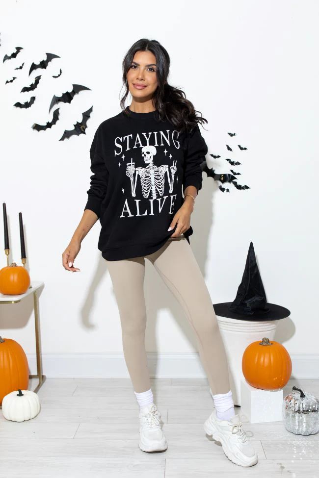 Staying Alive Black Oversized Graphic Sweatshirt | Pink Lily