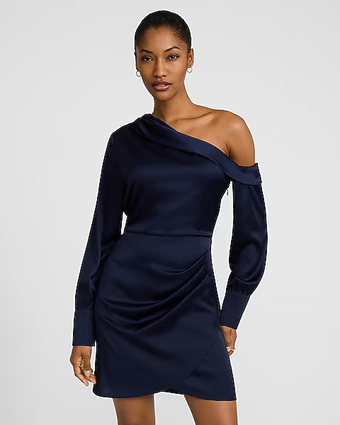 Satin Off The Shoulder Long Sleeve Asymmetrical Wrap Mini Dress | Express