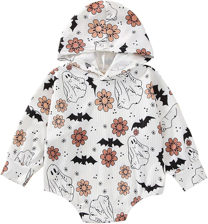 Halloween Outfit Infant Baby Girl Boy Hooded Sweatshirt Romper Onesie Ribbed Ghost Skull Flower B... | Amazon (US)