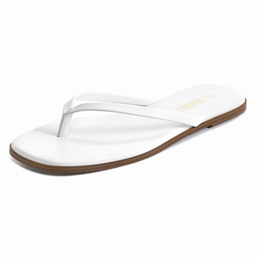 Rihero Women's White Flip-Flops Beach Thong Sandals Comfortable Dressy Summer Cute Slip On Leather Slide Sandals Size 9.5 | Amazon (US)