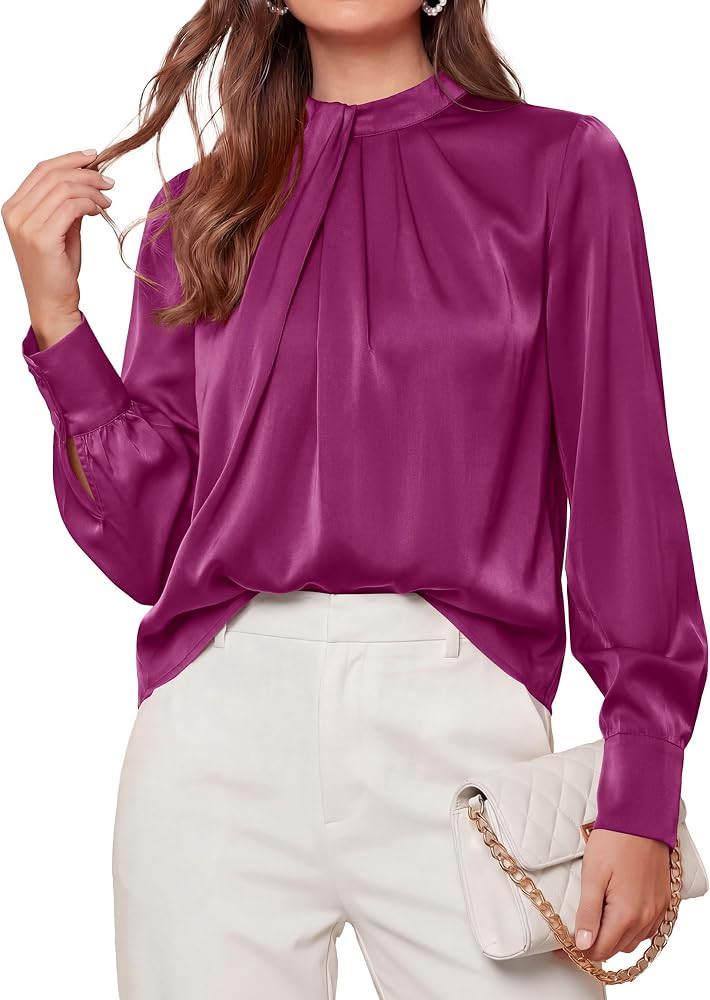 PRETTYGARDEN Satin Blouses for Women Pleated Mock Neck Long Sleeve Shirts | Amazon (US)