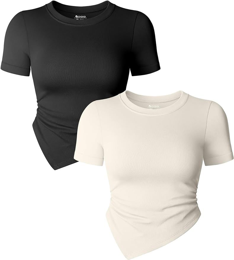 OQQ Women's 2 Piece Tops Short Sleeve Crew Neck Ruched Stretch Fitted Tee Shirts Tops | Amazon (US)
