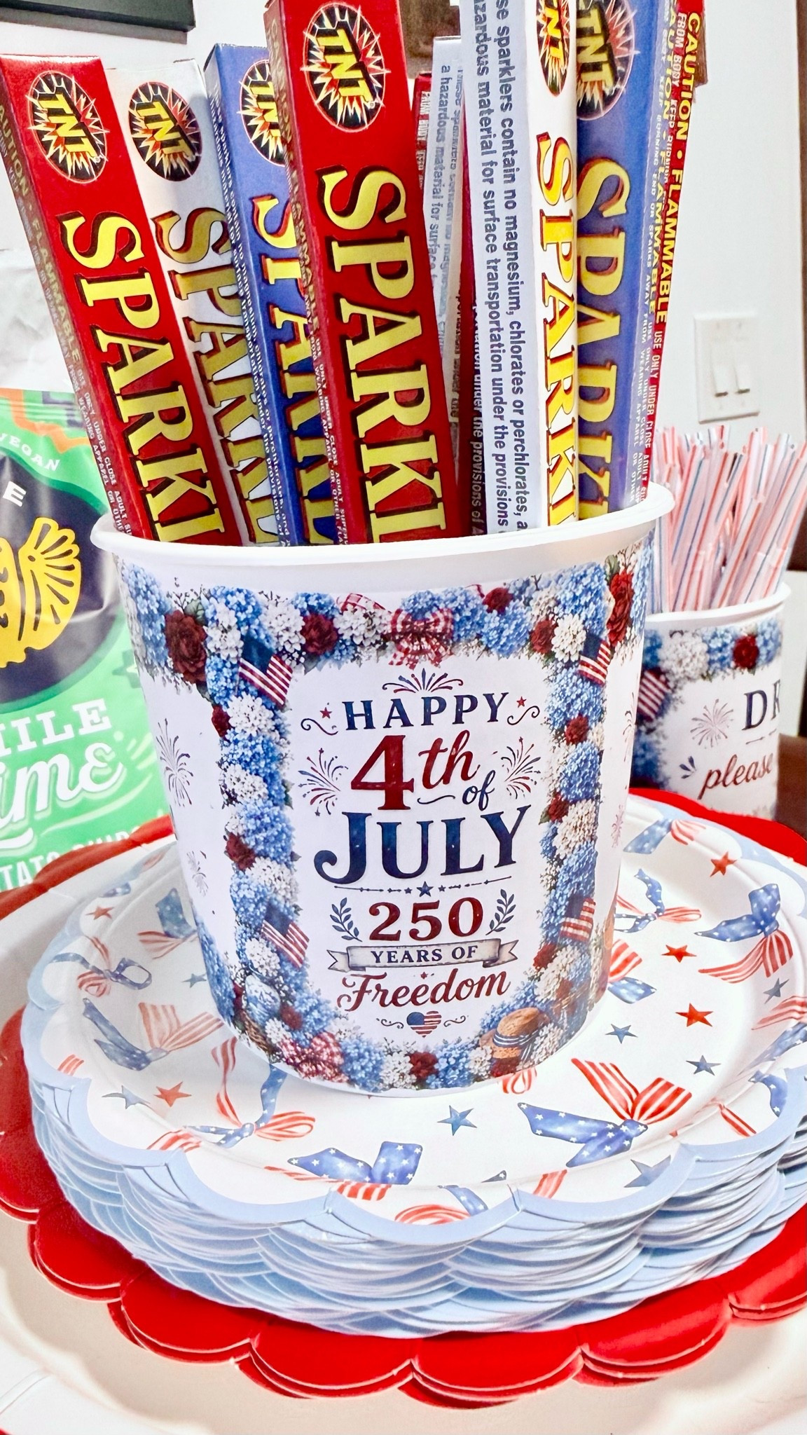 I save yogurt containers for party decor and print out covers per party theme. Party hack! 4th of July