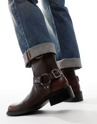 ASOS DESIGN chelsea biker boots in brown with buckles | ASOS (Global)