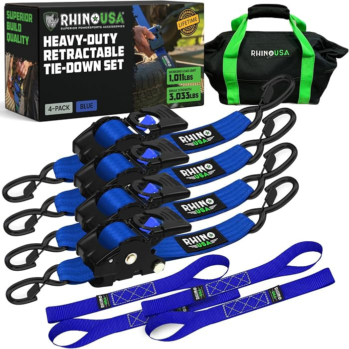 Rhino USA Retractable Ratchet Straps (4-Pack) - 2 Inch x 10 Feet (3,033lb Break Strength) - Heavy... | Amazon (US)