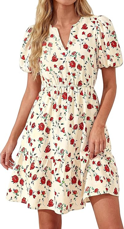 dowerme Women Summer Casual Dresses 2026 Puff Short Sleeve V Neck Floral Boho Midi Dress Flowy Ru... | Amazon (US)
