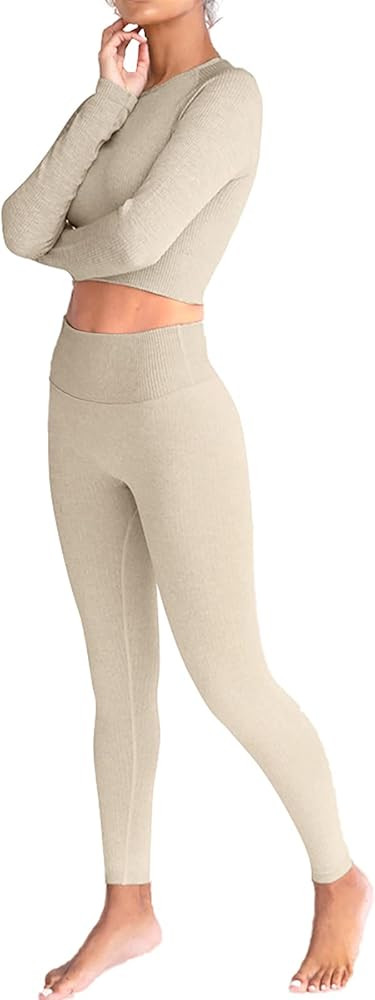 Jetjoy Gym Sets Women Workout Set 2 Piece Outfits Ribbed Seamless Long Sleeve Tops and High Waist... | Amazon (UK)