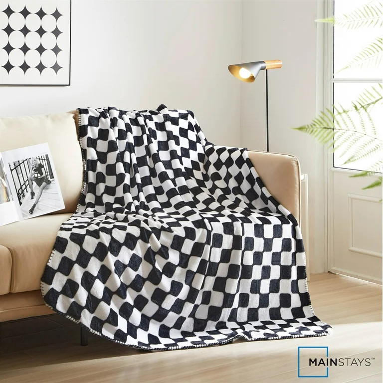 Mainstays Fleece Plush Throw Blanket, Black and White Check, Standard Throw - Walmart.com | Walmart (US)