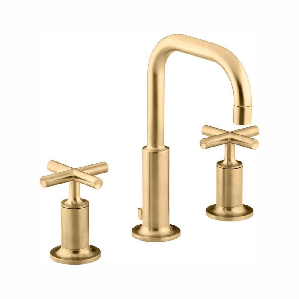 KOHLER Purist 8 in. Widespread 2-Handle Mid-Arc Bathroom Faucet in Vibrant Modern Brushed Gold | The Home Depot