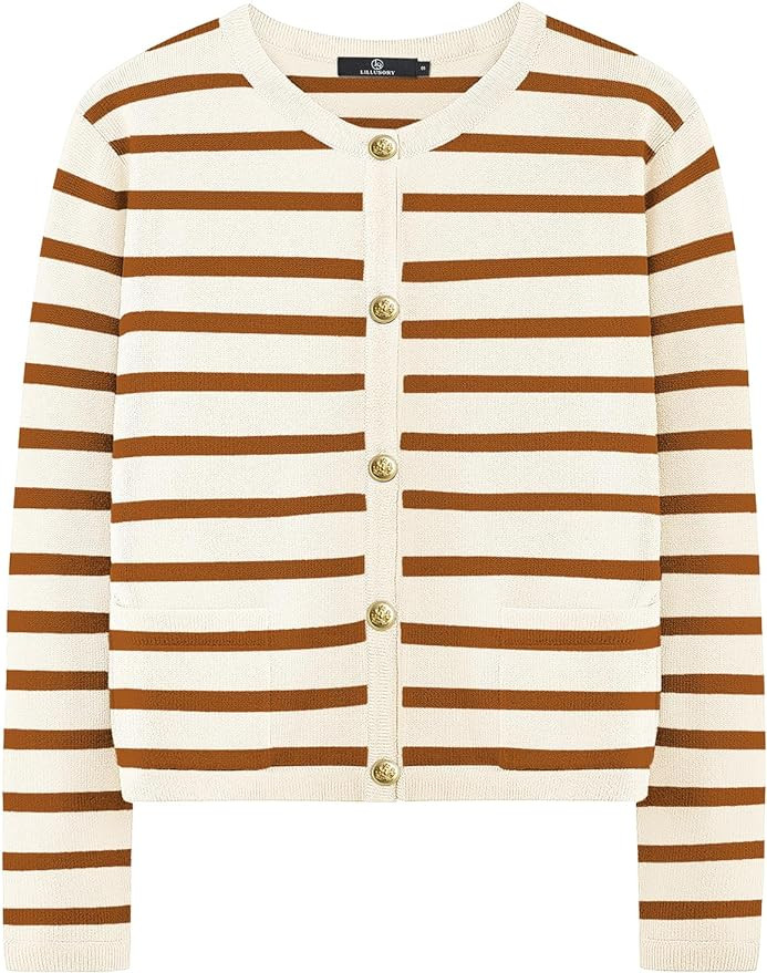 LILLUSORY Women's Striped Cardigan Sweaters Fall Outfits Clothes Fashion Trendy Long Sleeve Tops ... | Amazon (US)