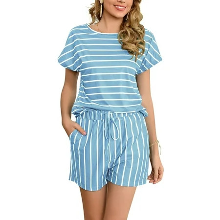 2 Pieces Womens Pajama Set Striped Short Sleeve Sleepwear Pjs Sets Drawstring Elastic Waist Lounge W | Walmart (US)