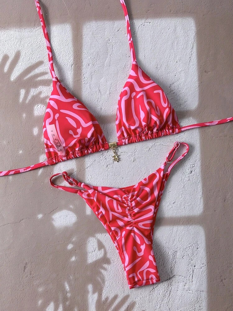 Swim Mod Women's Random Printed Metal Decor Halter Bikini Set, Sexy Swimsuit For Summer Beach Vac... | SHEIN