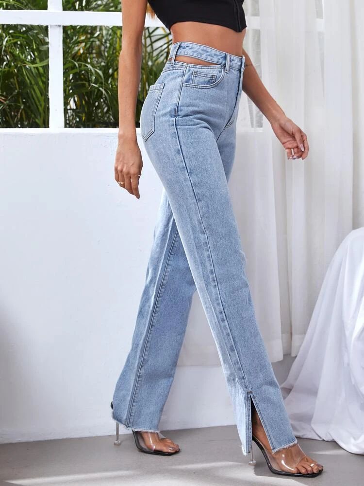 High Waist Cut Out Split Hem Jeans | SHEIN