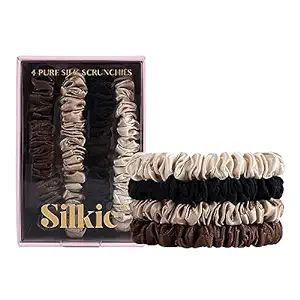 SILKIE x4 Set 100% Pure Mulberry Silk Black Brown Skinny Scrunchies Travel Pouch Everyday Hair Ti... | Amazon (US)