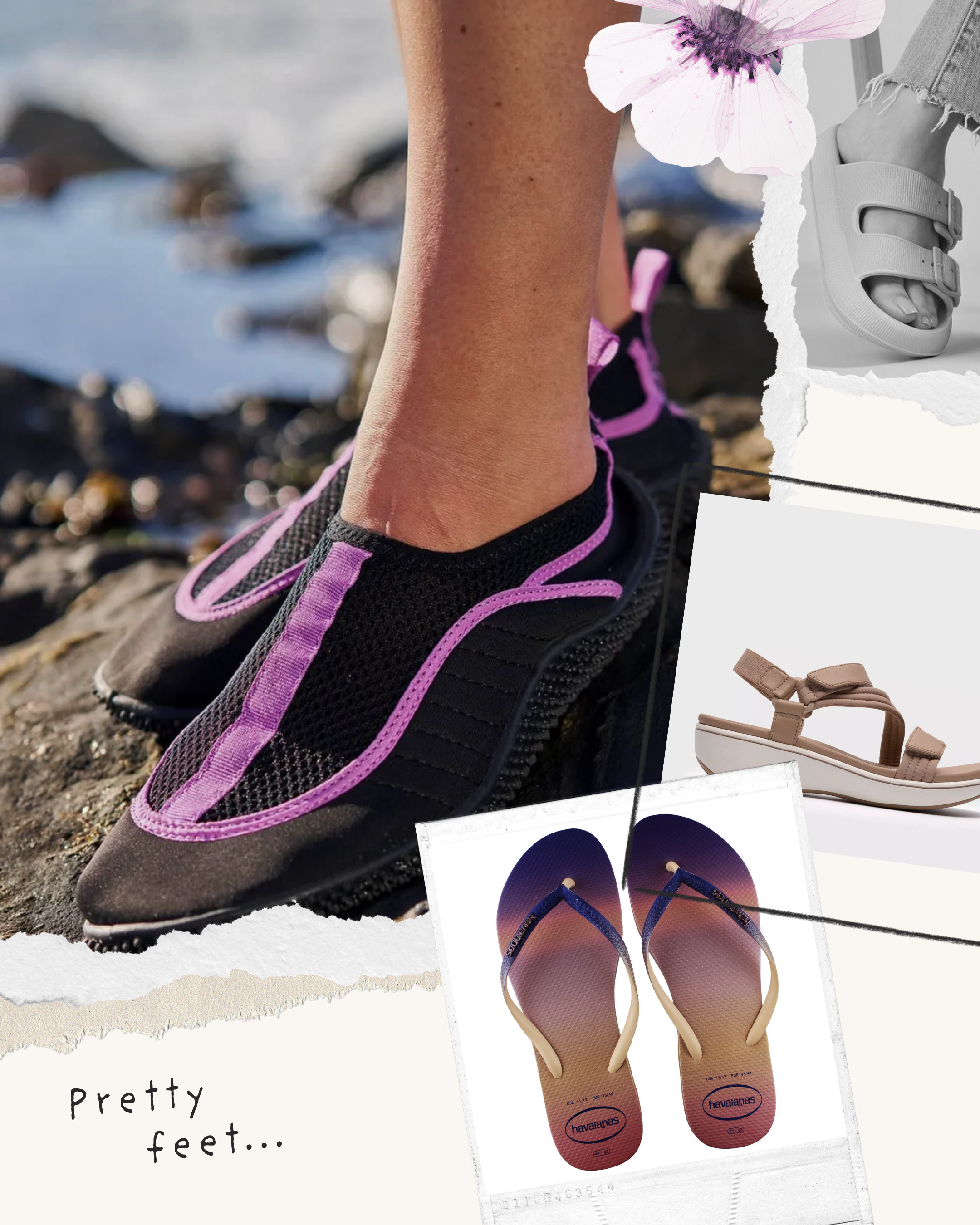 Pretty feet, summer sorted 👣 Beach water shoes for rock pools and paddling, cushioned double-buckle slides for round-the-pool comfort, a wedge sandal with proper arch support for all-day walking, and classic Havaianas flip flops in that ombré purple for everything in between. 

#summersandals #watershoes #havaianas #poolslides #comfortablesandals #wedgesandals #vacationshoes #beachshoes #summeressentials #holidaypacking 

 #LTKSaleAlert #LTKSwim