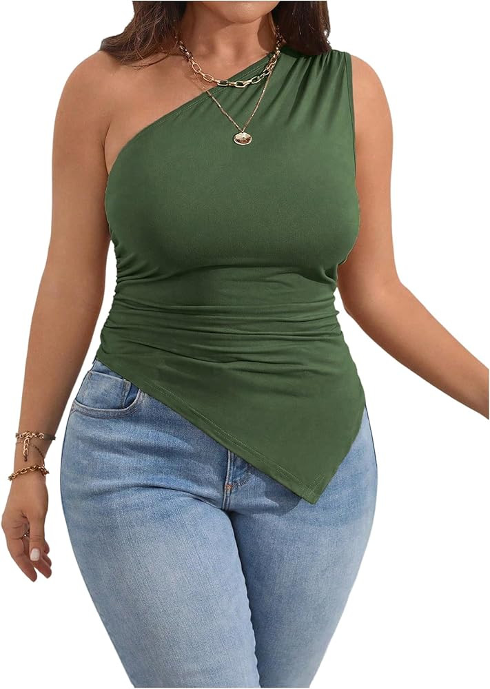 Milumia Women's Plus Size One Shoulder Tank Top Asymmetrical Hem Ruched Going Out Tops | Amazon (US)
