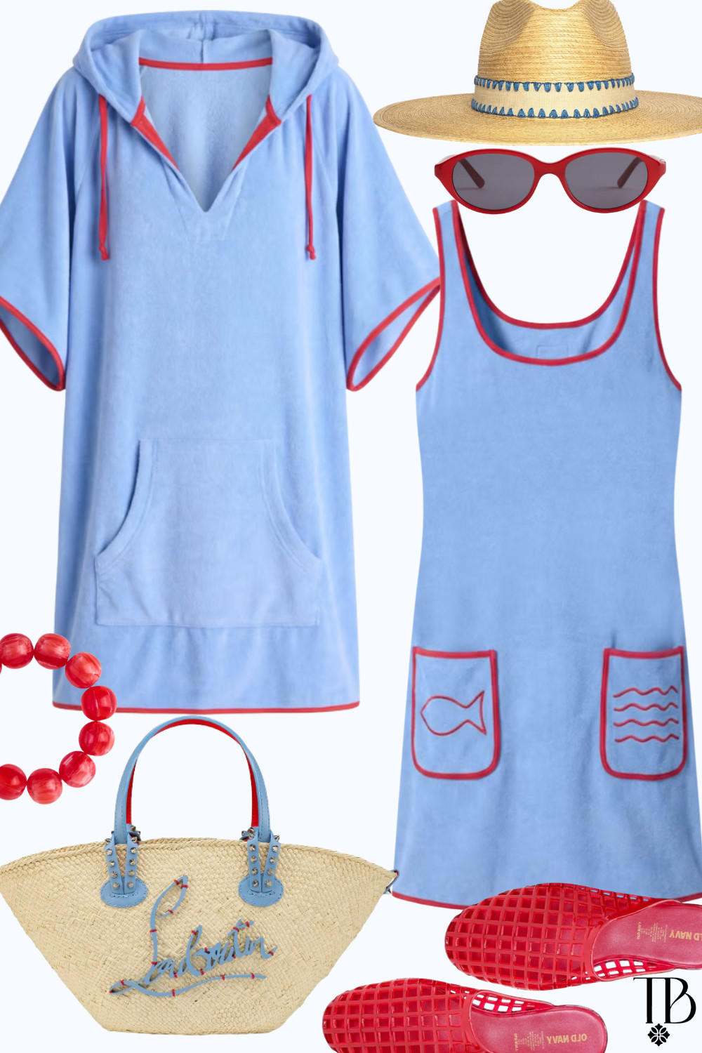 Coastal colors + cabana vibes ❤️🩵 The cutest terry beach set for pool days, resort mornings, and summer getaways. Obsessed with the red accents, woven tote, and retro sunnies for the perfect vacation outfit. ☀️🏖️ #LTKTravel #LTKStyle #BeachOutfit #ResortWear 

 