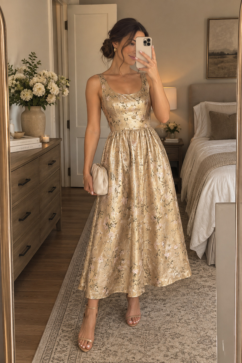 This gold floral midi is such a gorgeous choice if you want something festive without going full formal gown. The metallic finish, soft floral print, fitted bodice, and fuller skirt make it feel feminine and special. Perfect for a fall garden wedding, cocktail reception, or holiday-season wedding.
#GoldWeddingGuestDress #FallWeddingGuest #FloralMidiDress #FallWeddingStyle #WeddingGuestOutfit #AutumnWeddingDress #CocktailWedding 

 #LTKSeasonal #LTKSaleAlert #LTKWedding