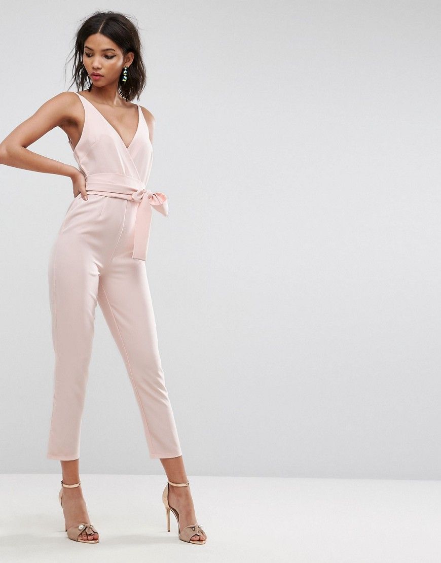 ASOS Wrap Front Jumpsuit with Peg Leg and Self Belt - Pink | ASOS US