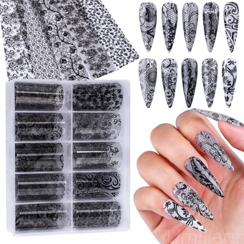 Black Lace Nail Foil Transfer Stickers, 10 Rolls Nail Lace Flowers Stickers Design Holographic Nail Foils Transfer Paper Nail Art Decals for Women DIY Acrylic Nails Manicure Wraps Salon Decoration | Amazon (US)