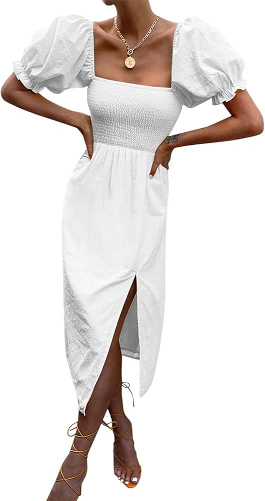 Women's Summer Casual Puff Sleeve Dress Square Neck Smocked Off Shoulder Boho Side Split Midi Dre... | Amazon (US)