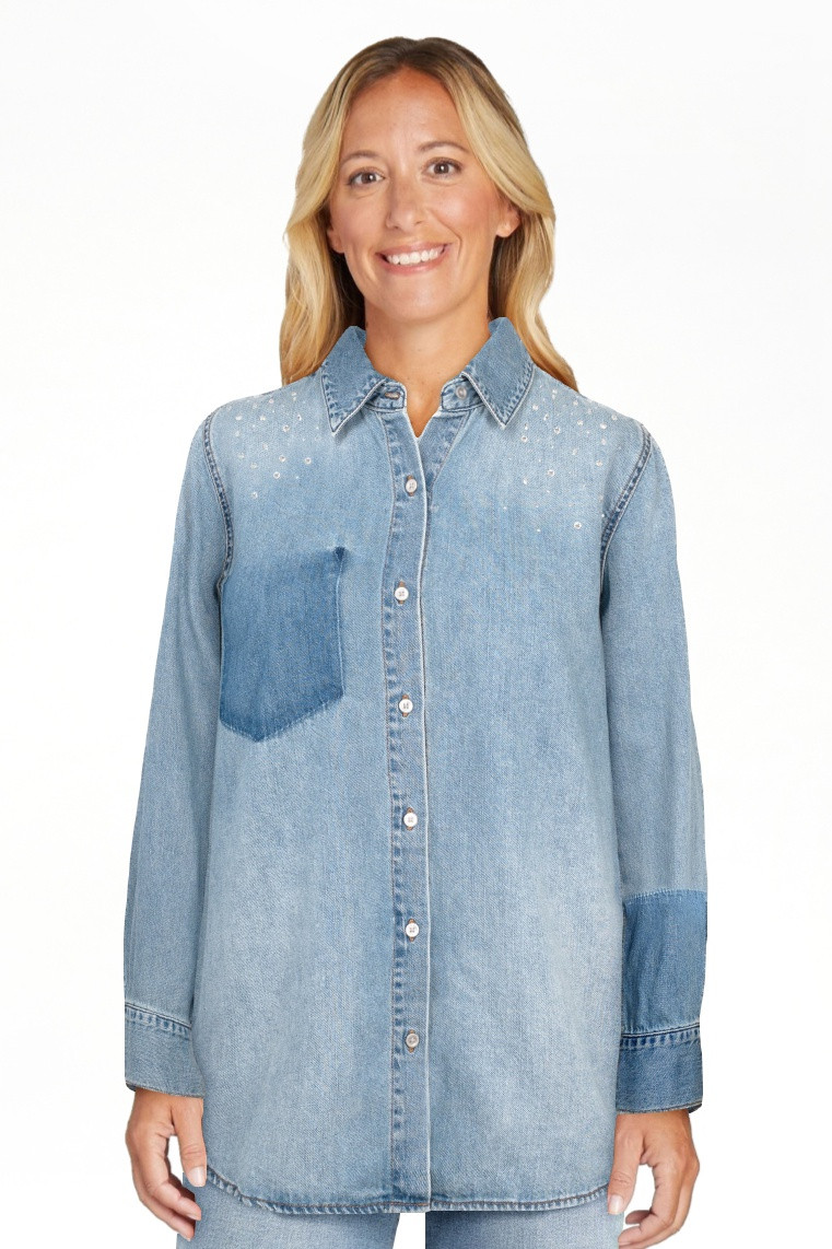 Jessica Simpson Women's Embellished Two Tone Denim Shirt with Long Sleeves, Sizes XS-XL | Walmart (US)