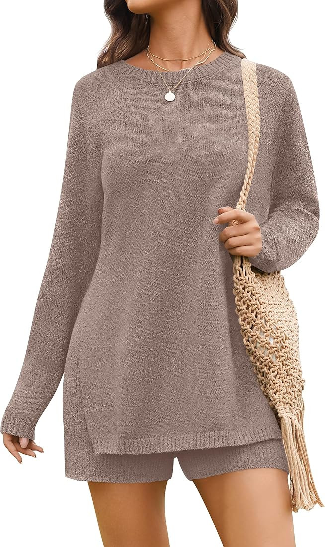 NENONA Women's 2025 Casual Two Piece Knit Outfits Long Sleeve Tunic Sweaters Top and Shorts Loung... | Amazon (US)